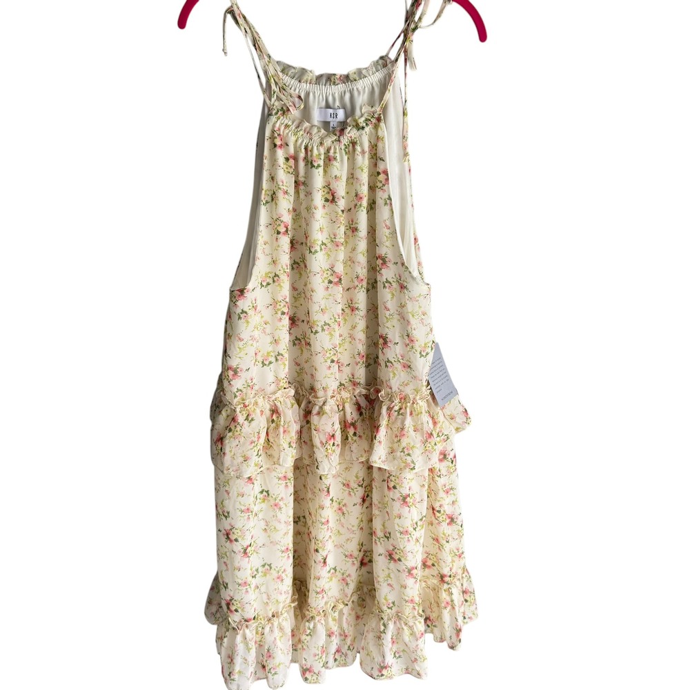NSR Pale Yellow 'Lila" Floral Ladies Sleeveless Chiffon Tiered Dress, L